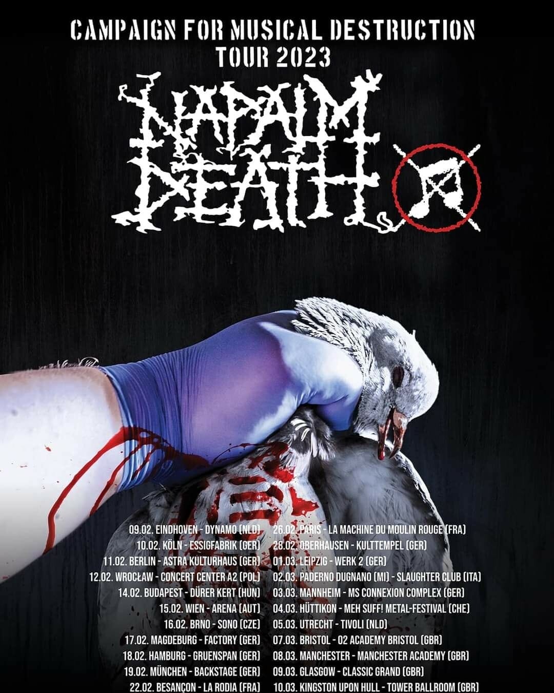Plakat mit Konzertterminen der Tour von Napalm Death 2023