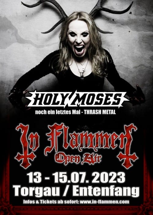 In Flammen Open Air Festival Flyer mit Bandankündigung Holy Moses und Foto der Sängerin Sabina Classen