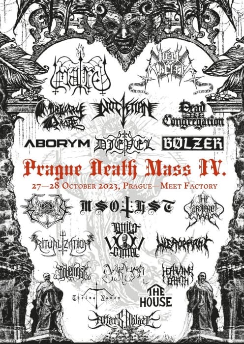 Flyer des Festivals Prague Death Mass IV mit Logos der teilnehmenden Bands, Termin und Ort