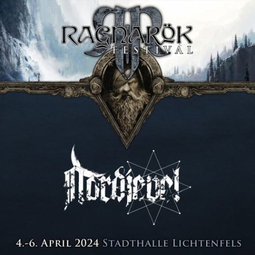 Eine Grafik mit Bandlogo von Nordjevel und Logo des Ragnarök Festivals inklusive Datum und Ort der Veranstaltung