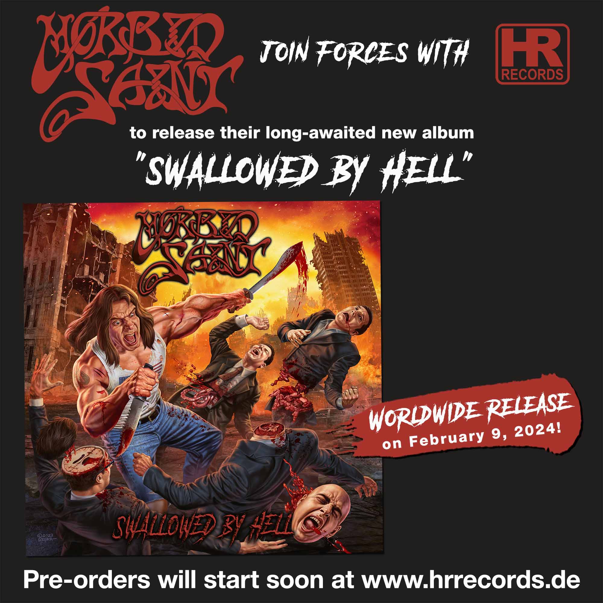 Werbung für das Morbid-Saint-Album "Swallowed By Hell"