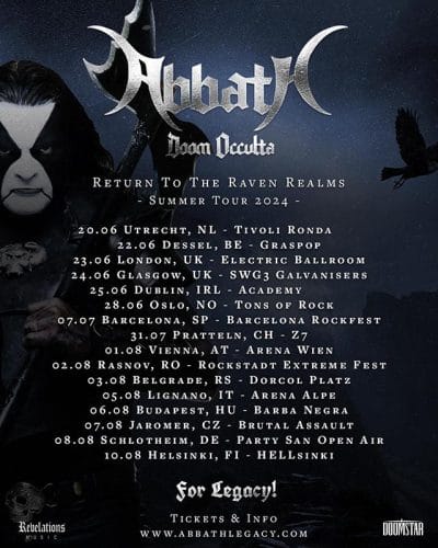 Poster der Tour von Abbath im Sommer 2024 mit Bandlogo, Foto des Musikers und Konzertterminen