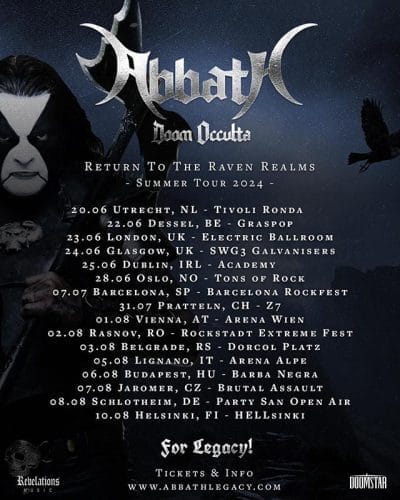 Poster der Tour von Abbath im Sommer 2024 mit Bandlogo, Foto des Musikers und Konzertterminen