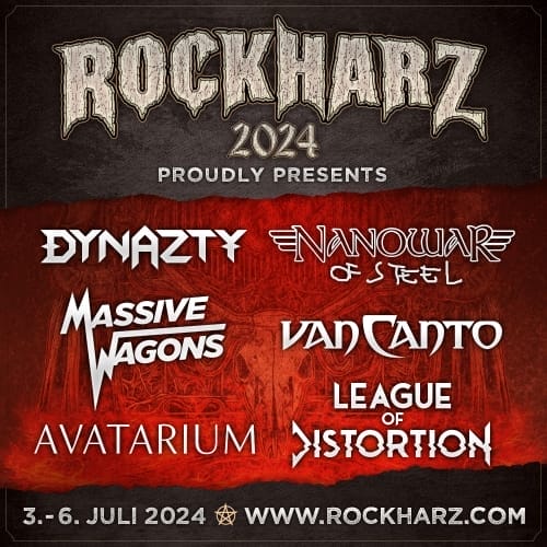Infografik des Rockharz Festivals 2024 mit sechs Bandlogos