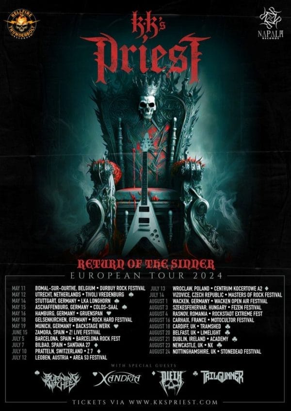 Tour-Poster zur Tour der Band KK’s Priest mit der Darstellung eines Throns, umringt von E-Gitarren, und den Terminen