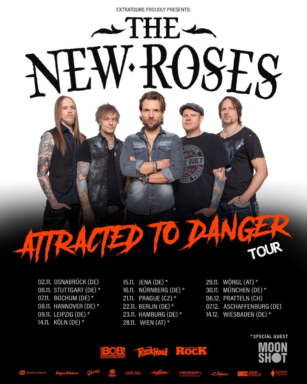 Tourplakat der Band The New Roses mit Logo, Porträt und Terminen für die Tour 2024